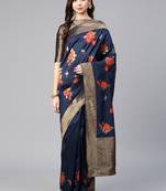 Inddus Navy Blue Silk Blend Woven Saree With Blouse