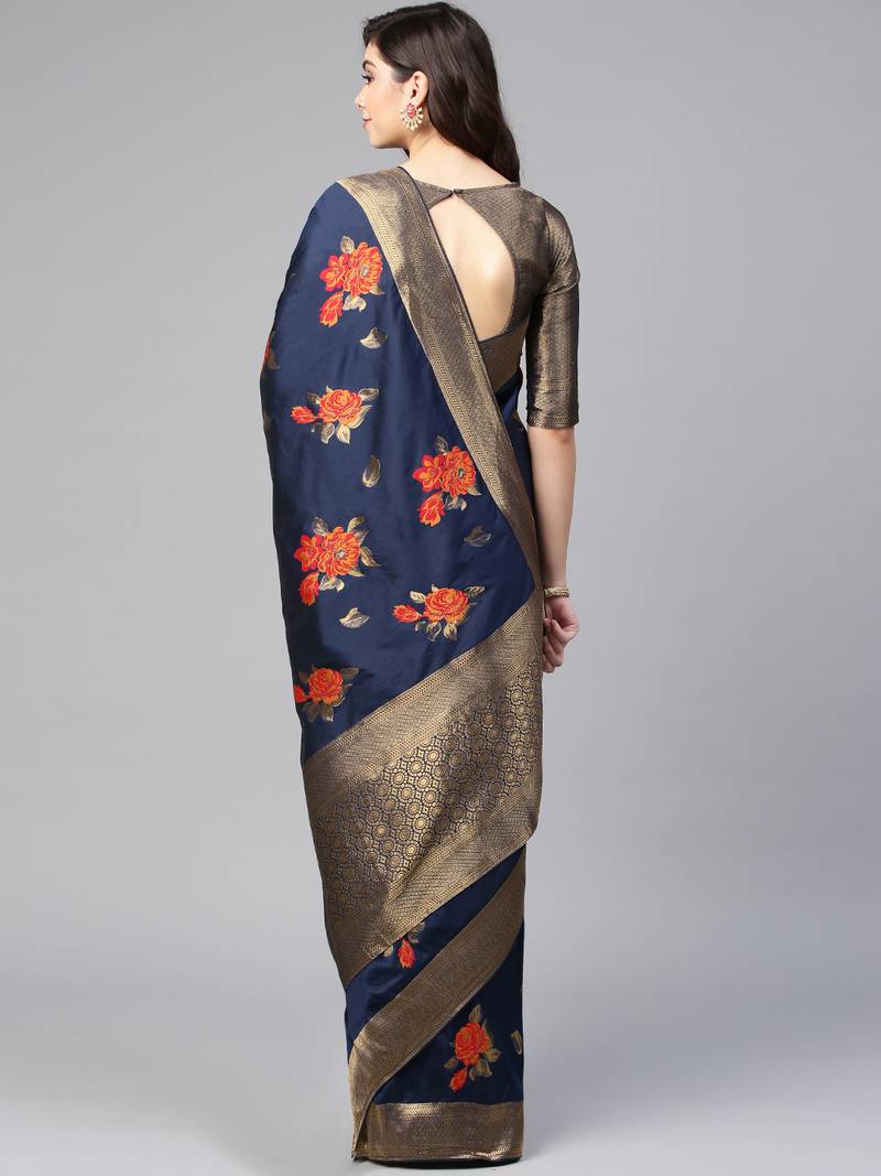 Inddus Navy Blue Silk Blend Woven Saree With Blouse