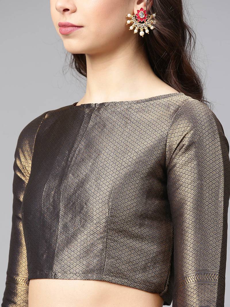 Inddus Navy Blue Silk Blend Woven Saree With Blouse