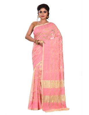 Light pink plain cotton silk saree without blouse 1