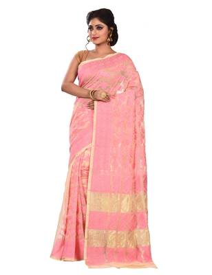 Light pink plain cotton silk saree without blouse 2