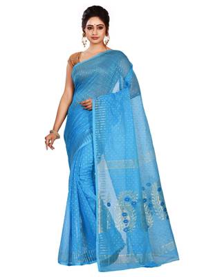 Sky blue plain cotton silk saree without blouse 1