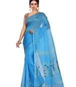 Sky blue plain cotton silk saree without blouse