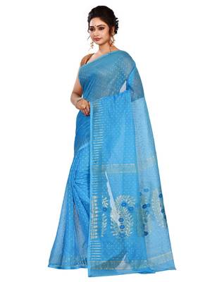 Sky blue plain cotton silk saree without blouse 2