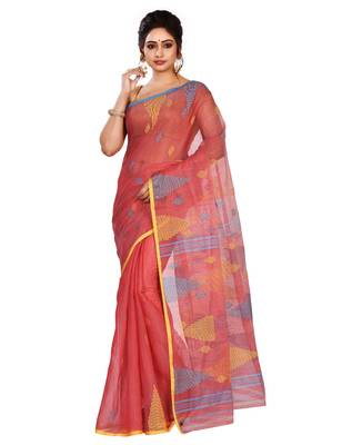 Red plain cotton saree without blouse 1