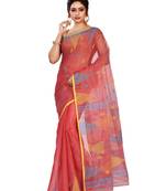 Red plain cotton saree without blouse