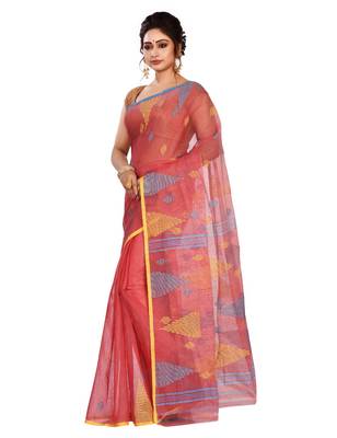 Red plain cotton saree without blouse 2
