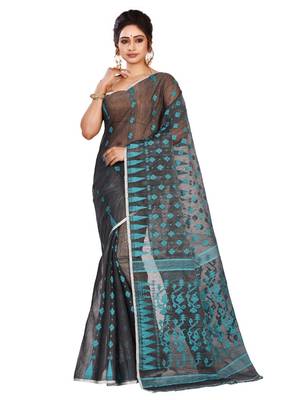 Black plain cotton silk saree without blouse 1