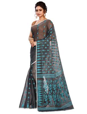 Black plain cotton silk saree without blouse 2
