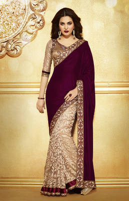 Brown  -  Cream embroidered velvet saree with blouse 1