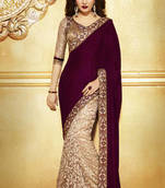 Brown  -  Cream embroidered velvet saree with blouse