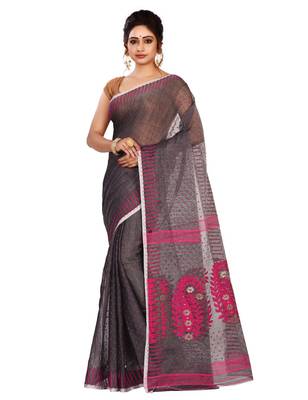 Pink plain cotton silk saree without blouse 1