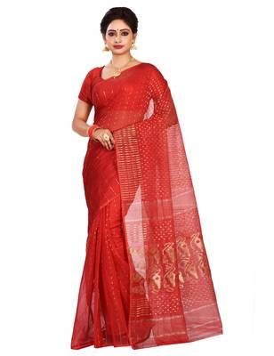 Red plain cotton silk saree without blouse 1