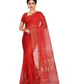 Red plain cotton silk saree without blouse