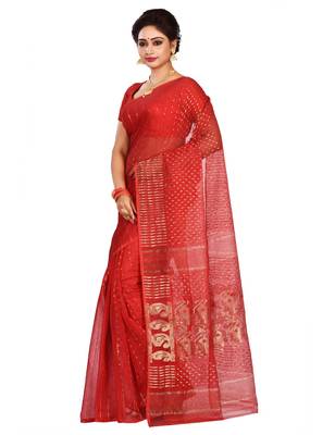Red plain cotton silk saree without blouse 2