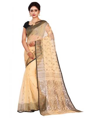 Off white plain cotton silk saree without blouse 1