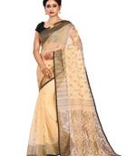 Off white plain cotton silk saree without blouse