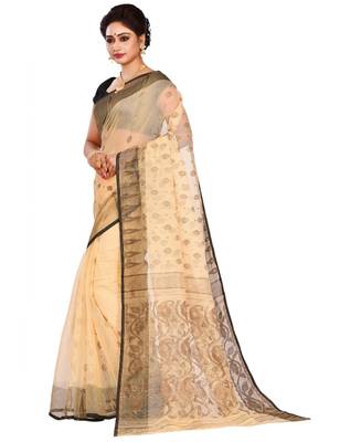 Off white plain cotton silk saree without blouse 2