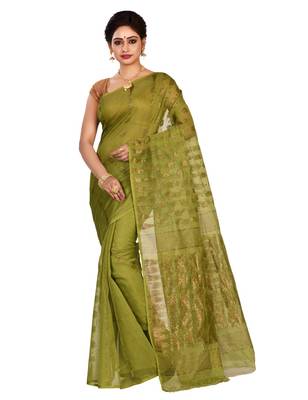 Green plain cotton silk saree without blouse 1