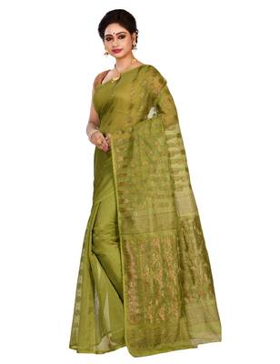 Green plain cotton silk saree without blouse 2