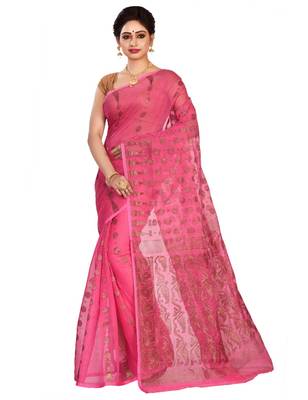 Pink plain cotton silk saree without blouse 1
