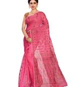 Pink plain cotton silk saree without blouse