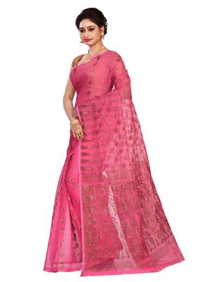 Pink plain cotton silk saree without blouse 2