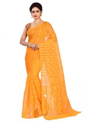 Yellow plain cotton silk saree without blouse 1