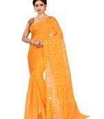 Yellow plain cotton silk saree without blouse