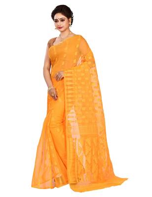 Yellow plain cotton silk saree without blouse 2