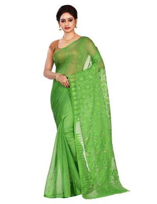 Green plain cotton silk saree without blouse 1