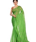Green plain cotton silk saree without blouse