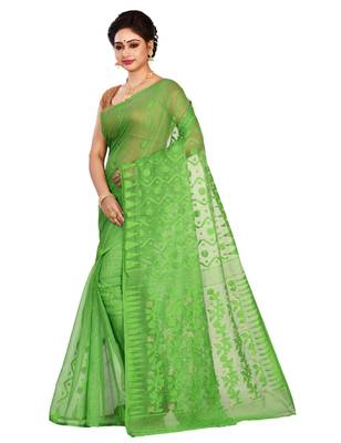 Green plain cotton silk saree without blouse 2