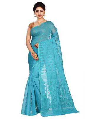 Sky blue plain cotton silk saree without blouse 1