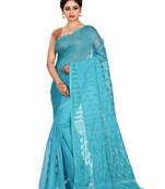 Sky blue plain cotton silk saree without blouse