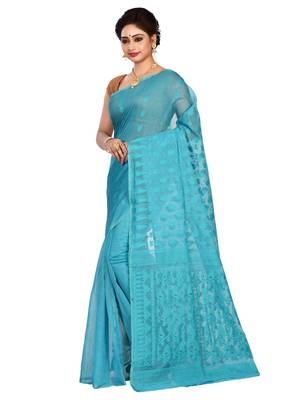 Sky blue plain cotton silk saree without blouse 2
