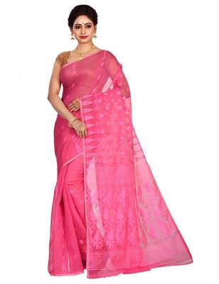 Pink plain cotton silk saree without blouse 1