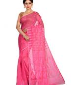 Pink plain cotton silk saree without blouse