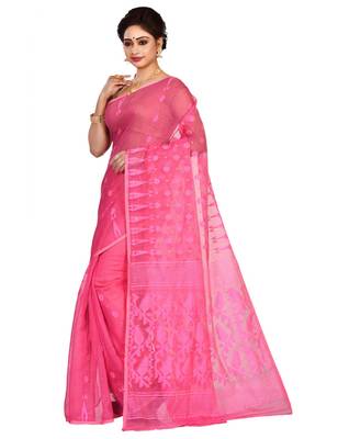 Pink plain cotton silk saree without blouse 2