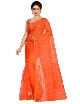 Orange plain cotton silk saree without blouse 1
