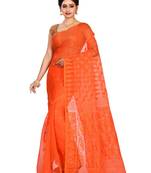 Orange plain cotton silk saree without blouse