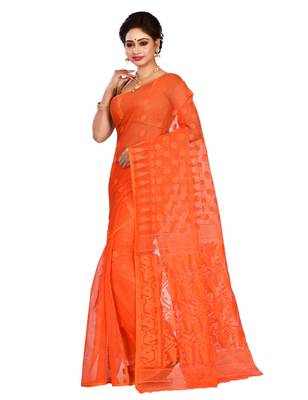 Orange plain cotton silk saree without blouse 2