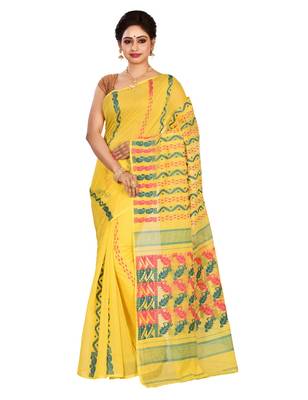 Yellow plain cotton silk saree without blouse 1