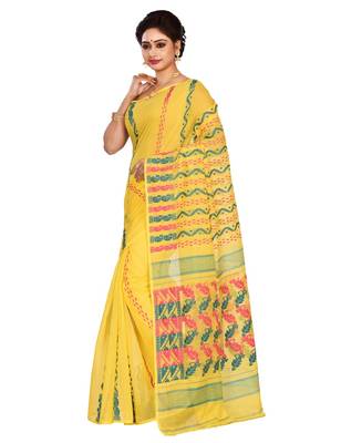 Yellow plain cotton silk saree without blouse 2