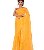 Yellow plain cotton silk saree without blouse