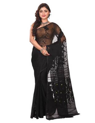 Black plain cotton silk saree without blouse 1