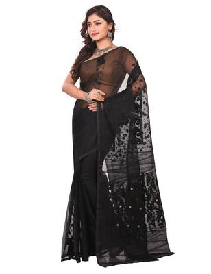 Black plain cotton silk saree without blouse 2