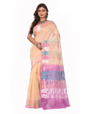 Beige plain cotton silk saree without blouse 1