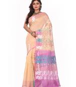 Beige plain cotton silk saree without blouse