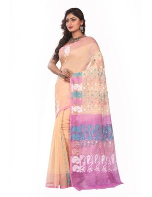 Beige plain cotton silk saree without blouse 2